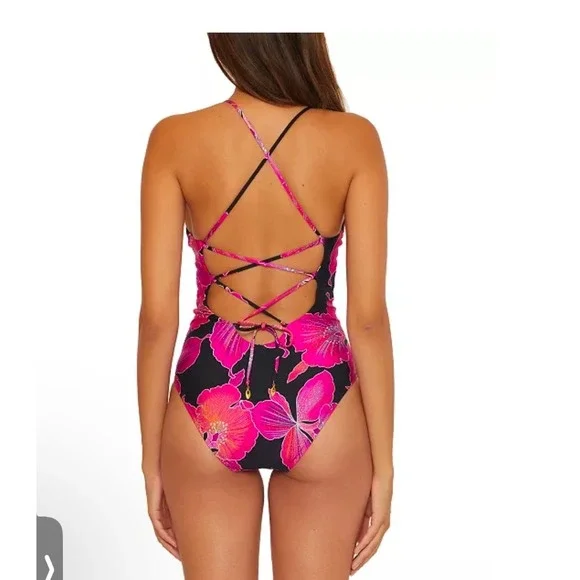 Trina Turk fleury pink black hibiscus flower one piece swimsuit size 14 new - Picture 3 of 14